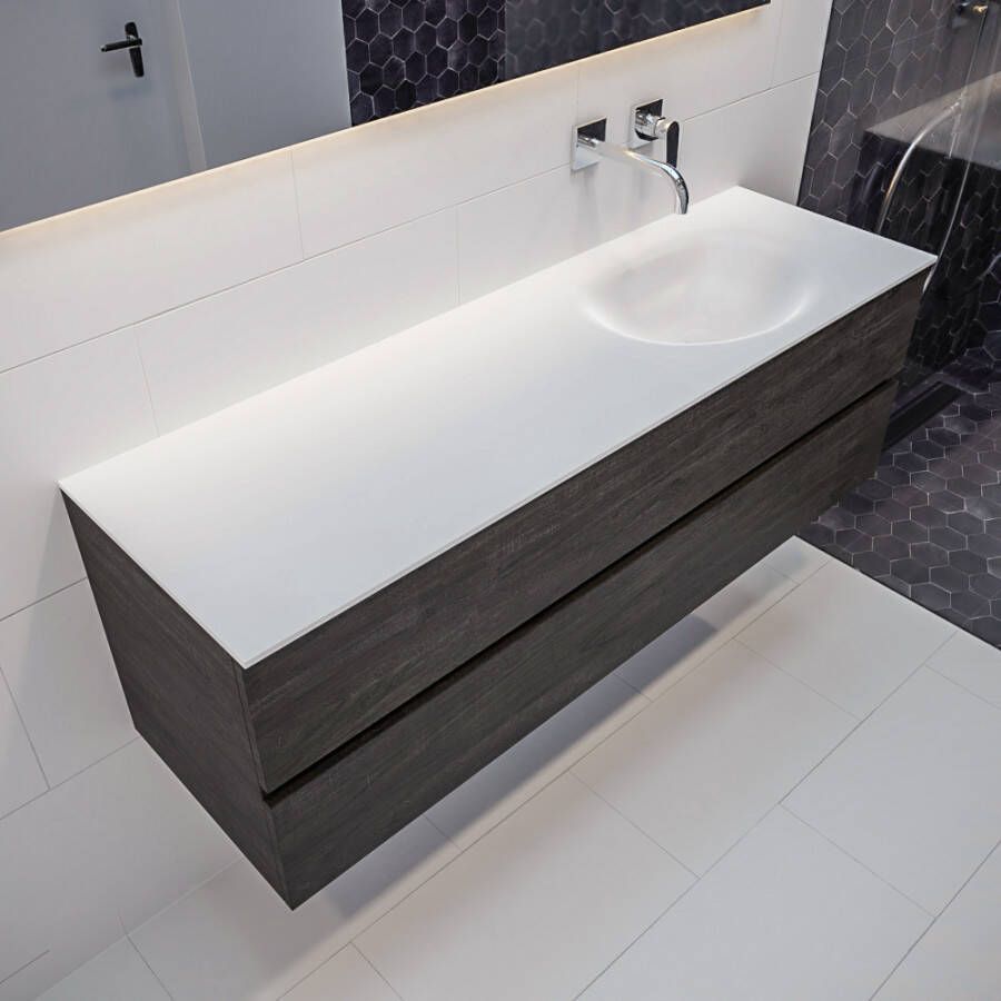 Mondiaz Vica 150 badmeubel dark brown 2 lades wastafel Moon rechts zonder kraangat