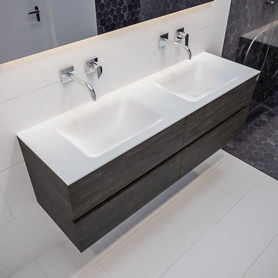 Mondiaz VICA Badkamermeubelset 150cm 4 lades wasbak Cloud dubbel 0 kraangaten solid surface dark brown PC75341306
