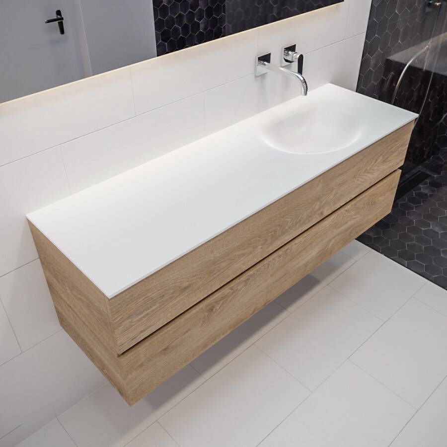 Mondiaz Vica 150 badmeubel washed oak 2 lades wastafel Moon rechts zonder kraangat