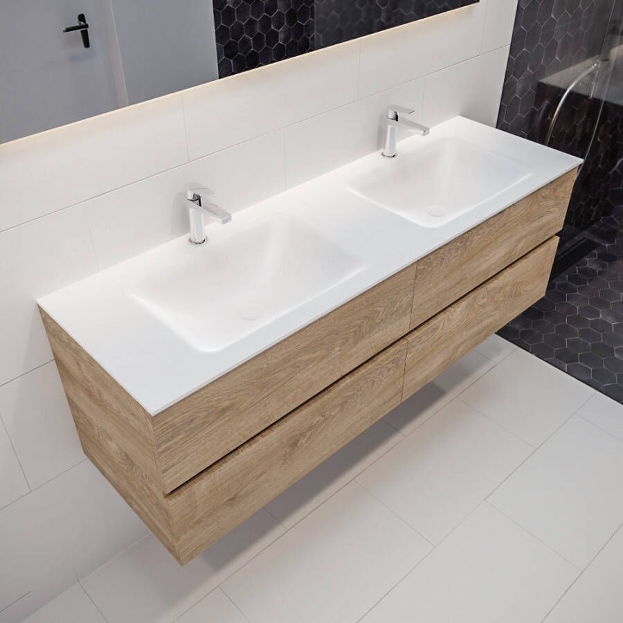 Mondiaz VICA Badkamermeubelset 150cm 4 lades wasbak Cloud dubbel 2 kraangaten solid surface washed oak PC75341315 - Foto 1