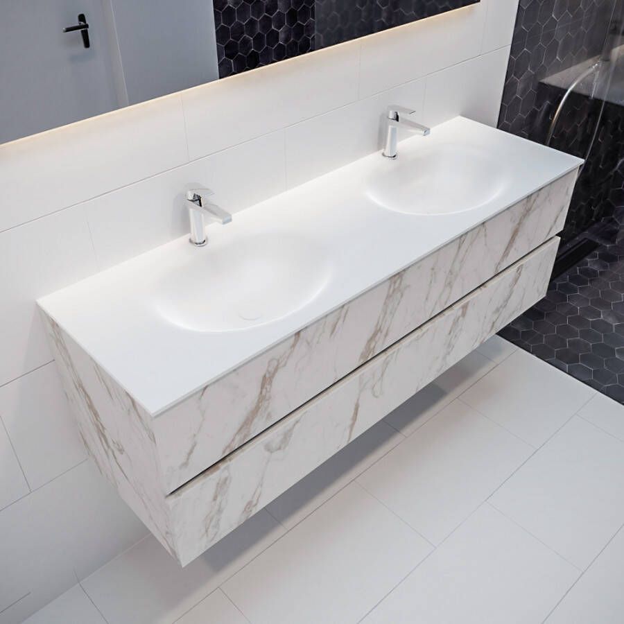Mondiaz Vica 150cm badmeubel carrara 2 lades wastafel Moon dubbel met 2 kraangaten