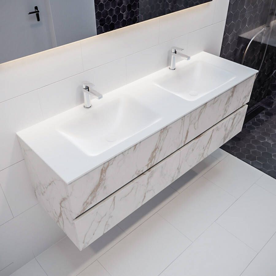 Mondiaz VICA Badkamermeubelset 150cm 4 lades wasbak Cloud dubbel 2 kraangaten solid surface carrara marmer PC75341630