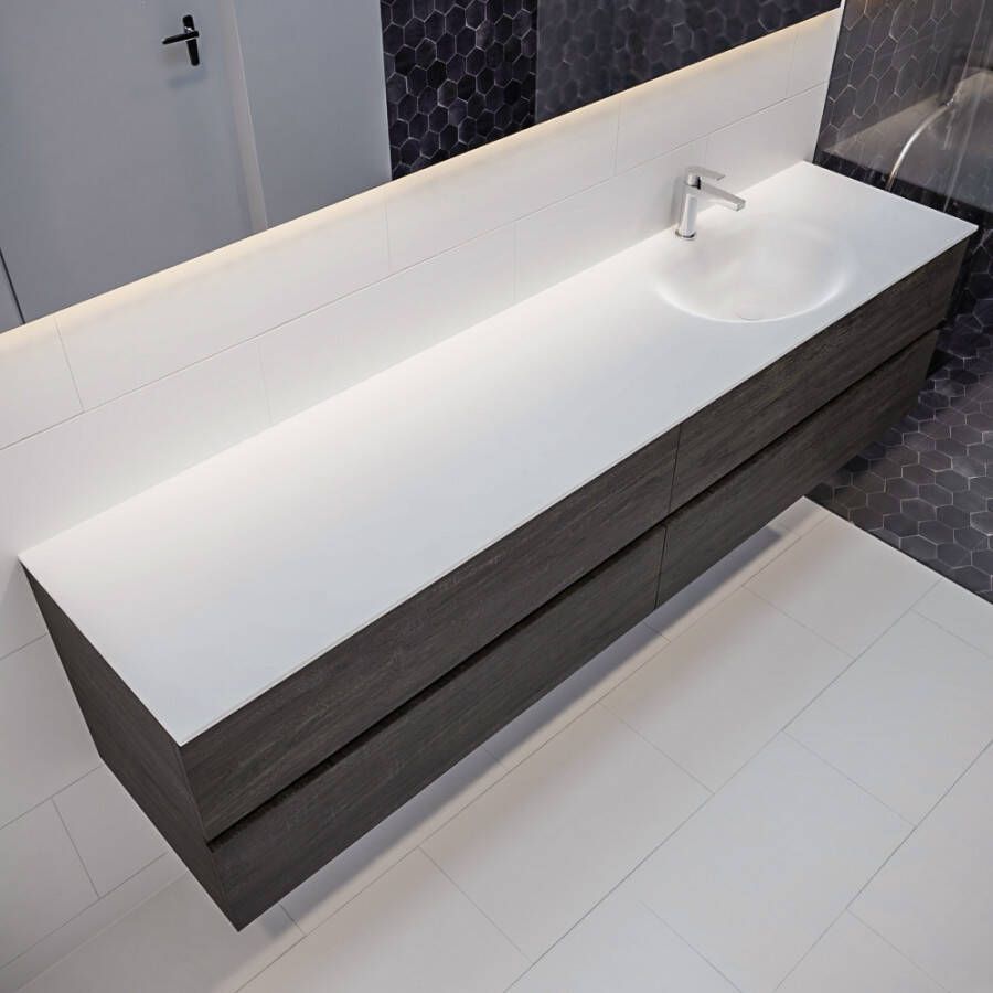 Mondiaz VICA Badkamermeubelset 200cm 4 lades wasbak Moon rechts 1 kraangat solid surface dark brown PC75341664