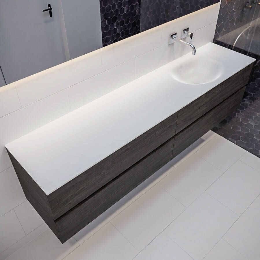 Mondiaz Vica Moon badmeubel eiken donker bruin 200 cm 4 lades solid surface enkele spoelbak rechts zonder kraangat