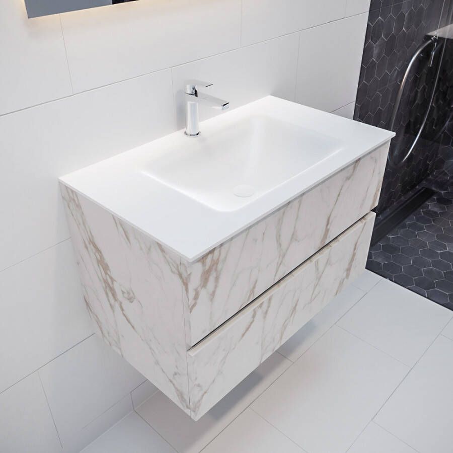 Mondiaz VICA Badkamermeubelset 80cm 2 lades wasbak Cloud midden 1 kraangat solid surface carrara marmer PC75341583