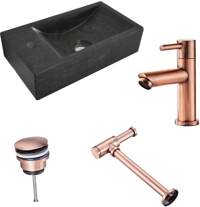 Neuer Recto links natuursteen fonteinset met koper kraan en toebehoren