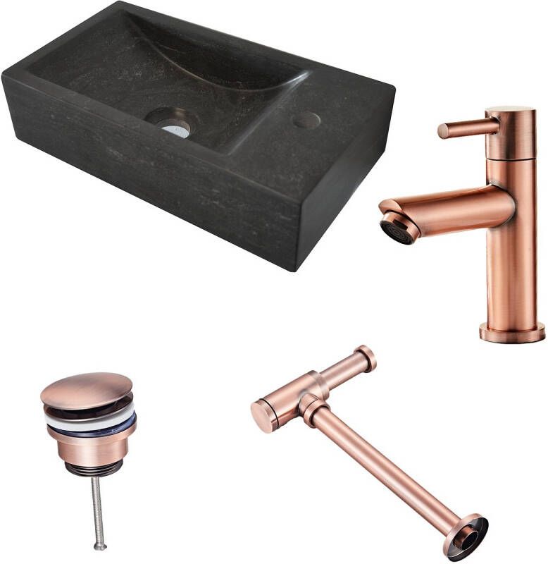 Neuer Recto rechts natuursteen fonteinset met koper kraan en toebehoren