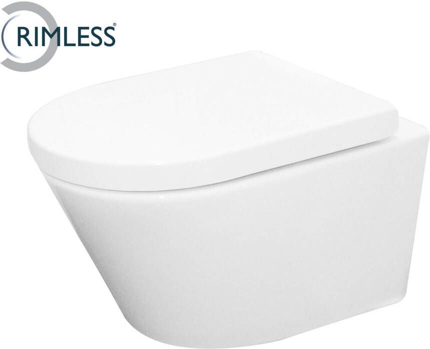 Wiesbaden Toiletpot Hangend Vesta 52x36x35cm Wandcloset Keramiek Diepspoel Nano Coating EasyClean Rimless Glans Wit met Softclose Toiletbril