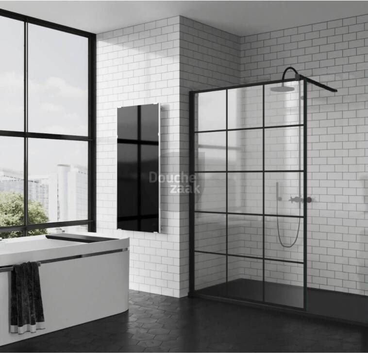 Novellini Kuadra inloopdouche 160 Stripes motief Mat zwart met muurprofiel Nano 8mm