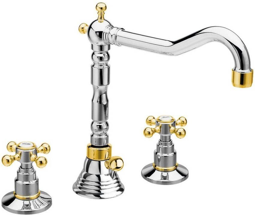 Sapho Wastafelmengkraan Retro 3-gats Antea 2-knop Uitloop Gebogen 17.5 cm Chroom Goud (incl. waste)