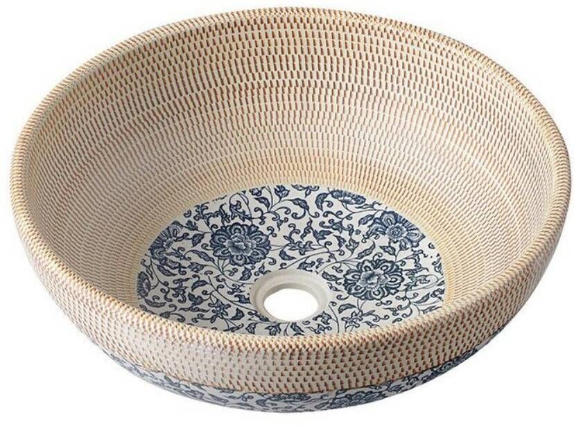 Sapho Priori aanrecht keramische wastafel Ø 41 cm beige met blauw patroon