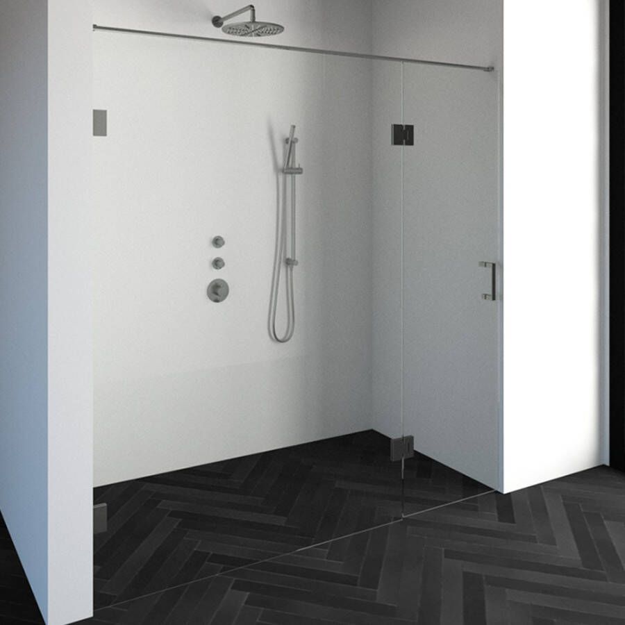 Saniclass Create douchedeur 200x200cm 2 delig profielloos met antikalk en 8mm veiligheidsglas geborsteld RVS 4JC15