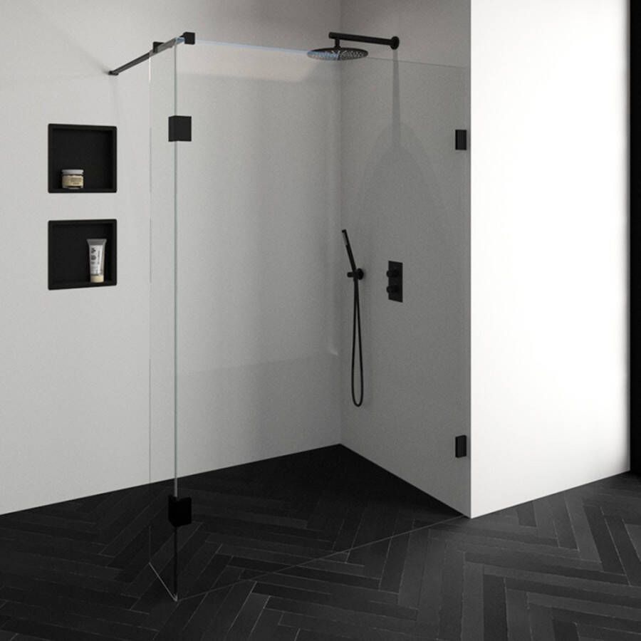 Saniclass Create inloopdouche 140x200cm profielloos met 30cm zijwand met antikalk en 8mm veiligheidsglas zwart mat 4JC2-140 30a