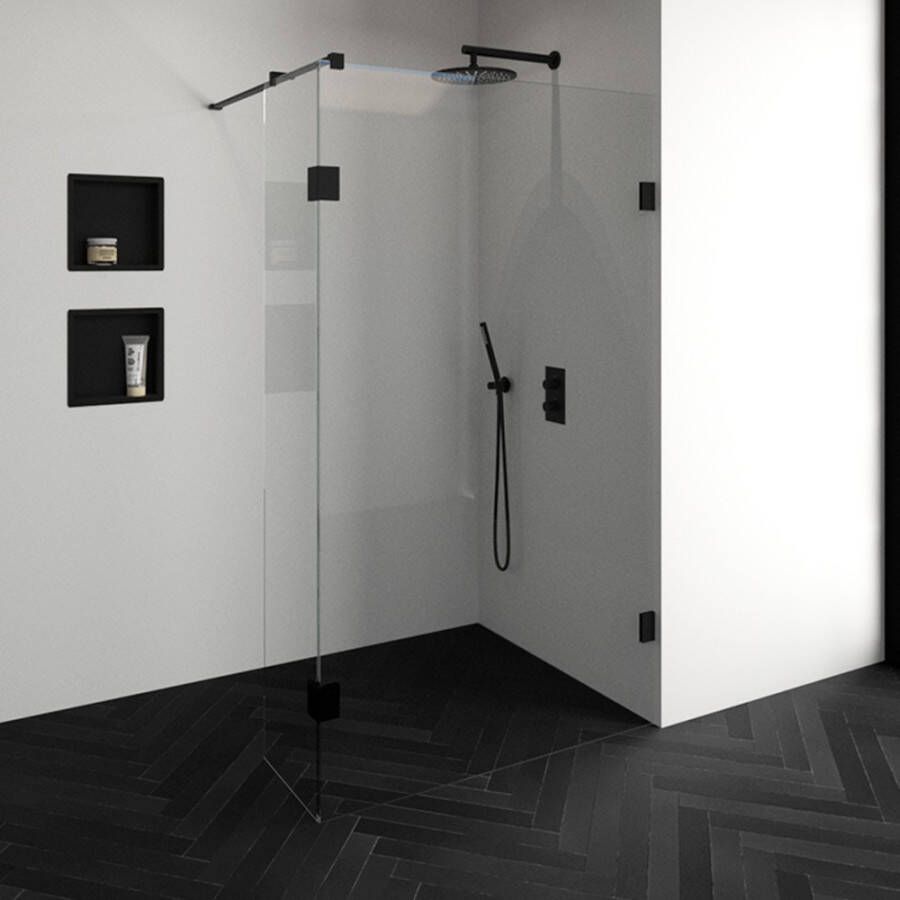 Saniclass Create inloopdouche 120x200cm profielloos met 40cm zijwand met antikalk en 8mm veiligheidsglas zwart mat 4JC2-120 40a