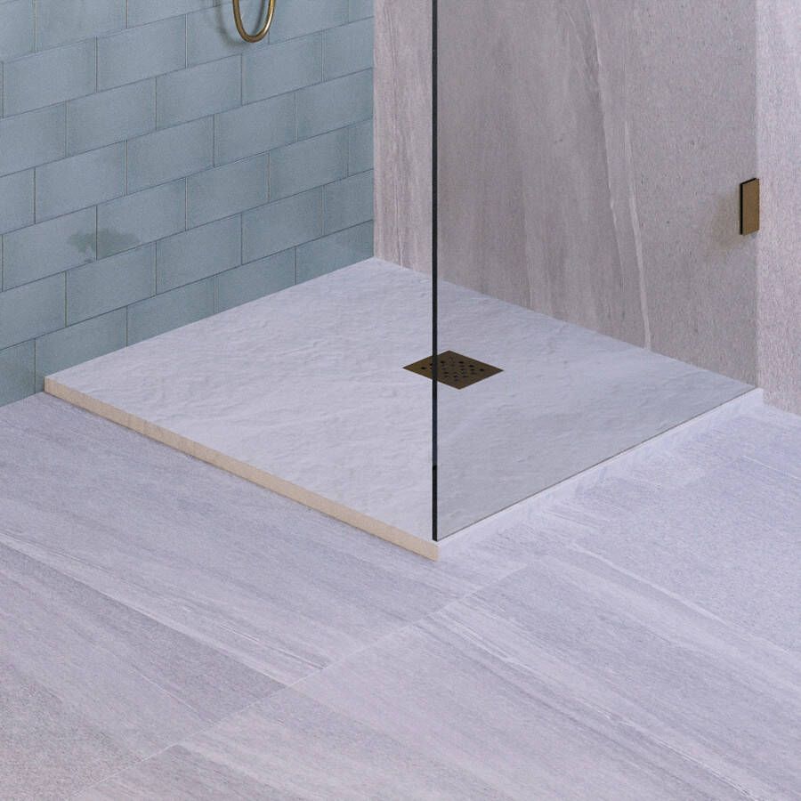Diamond Line Douchebak Relievo Crag Laag Vierkant 90x90x2.5cm Polybeton Antislip Mat Wit met Rooster Mat Zwart
