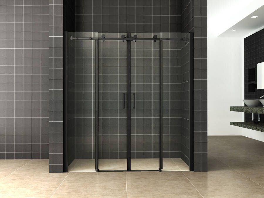 Wiesbaden Douchedeur Schuifbare Nisdeur 4-delig 180x200 cm met Antikalk Helder Glas en 8mm Veiligheidsglas Mat Zwart - Foto 2
