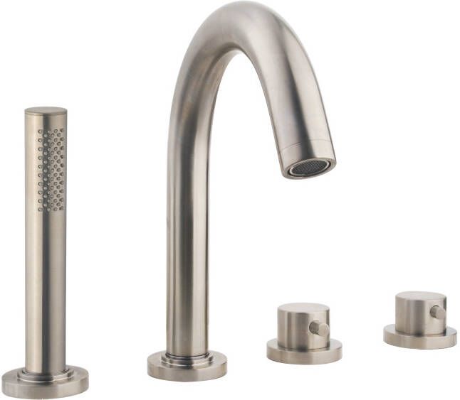 Wiesbaden Badkraan Caral 15cm Hartafstand Thermostatisch Inbouw Rond Geborsteld Staal 2 Greeps 4 Gats met Handdouche - Foto 2