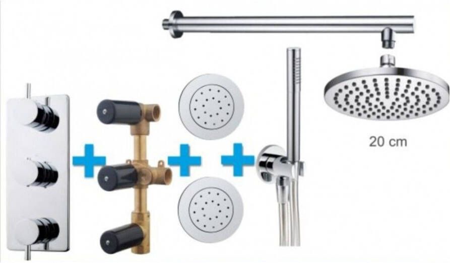 Wiesbaden Thermostatische Inbouw Regendouche Set Type 117 Body Jets Wandarm 20 cm Rond incl. Inbouwdeel - Foto 2