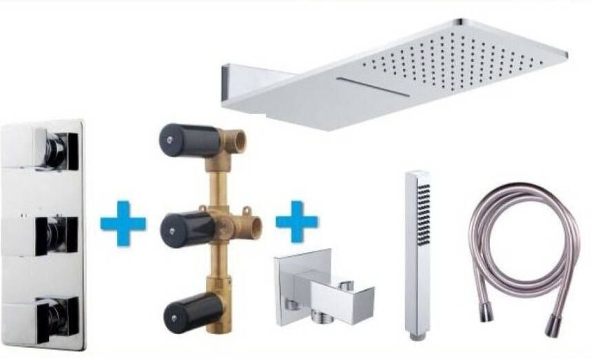 Wiesbaden Regendoucheset Inbouw Muur Valencia 24cm Vierkant Chroom Thermostaatkraan Handdouche Waterval - Foto 8