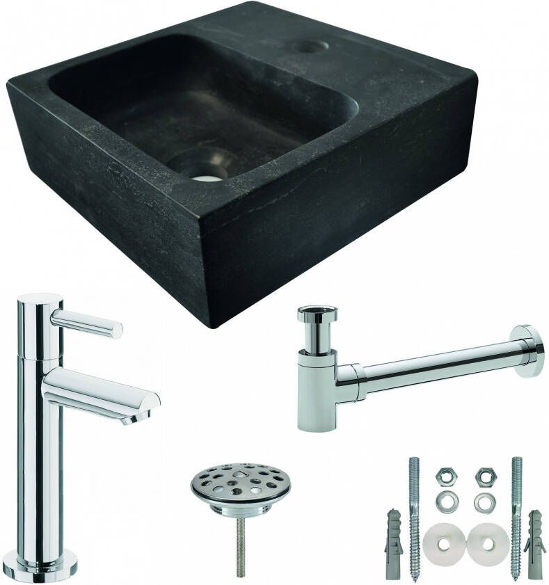 Wiesbaden Fonteinset Natura Vierkant 30x30x10cm Hardsteen Antraciet Chroom Toiletkraan Sifon Plug Bevestigingsset