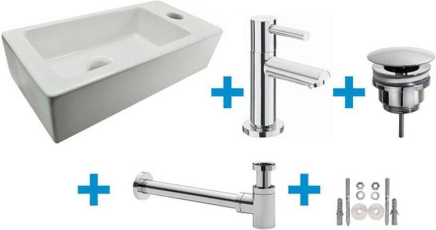 Wiesbaden Fonteinset Rhea Rechthoek Rechts 36x18x9cm Keramiek Glans Wit Chroom Toiletkraan Sifon Clickwaste Bevestigingsset - Foto 1