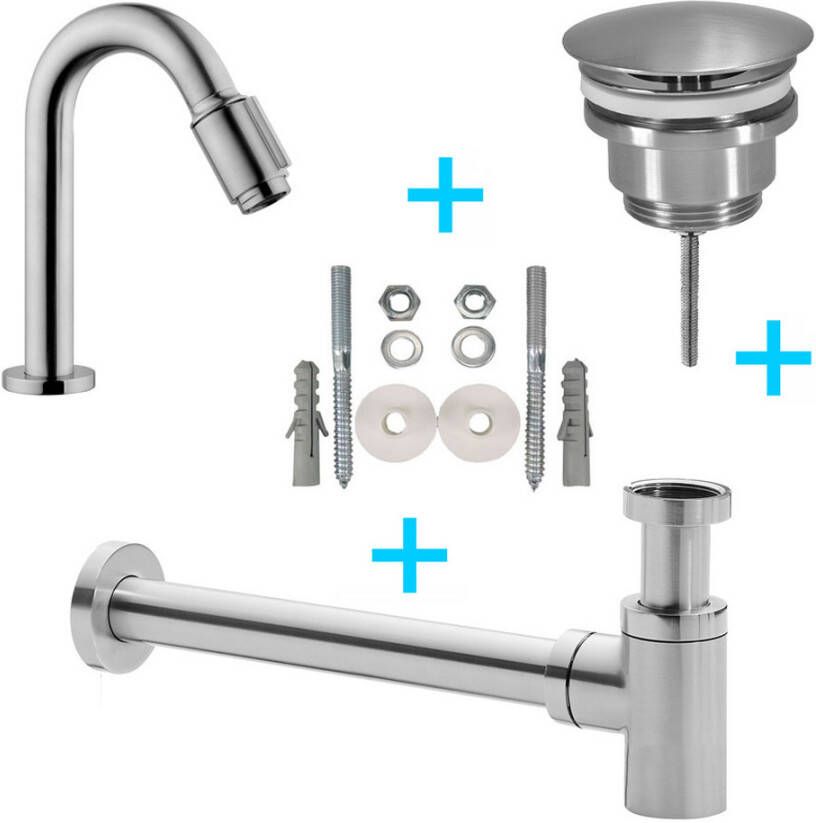 Wiesbaden Fonteinset met Victoria Toiletkraan Vaste Waste en Sifon Geborsteld Staal - Foto 1