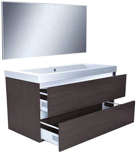 Wiesbaden Badkamermeubel Set Vision Hangend 100x50x47cm MDF Houtnerf Grijs Softclose Greeploos Kunstmarmeren Wastafel 1 Kraangat Overloop met Spiegel