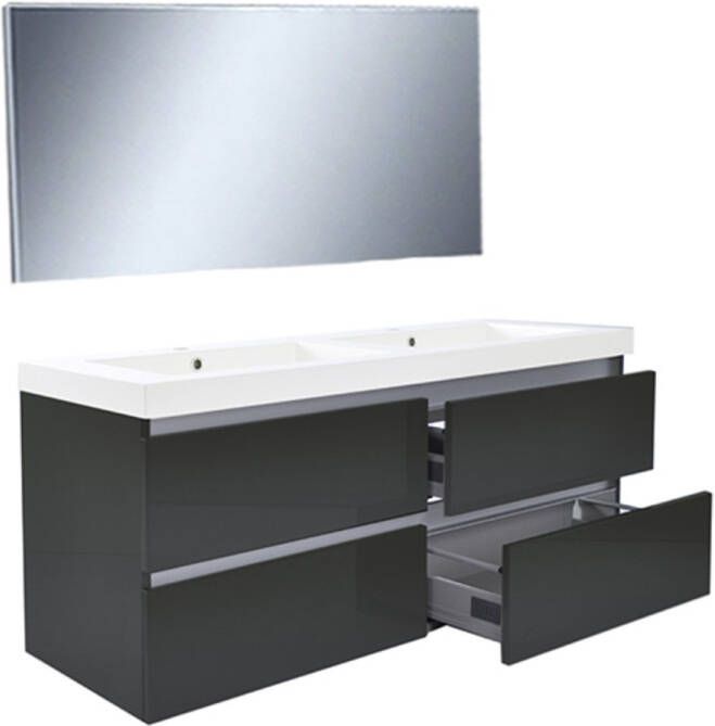 Wiesbaden Badkamermeubel Set Vision Hangend 120x50x47cm MDF Hoogglans Grijs Softclose Greeploos Kunstmarmeren Wastafel 2 Kraangaten Overloop met Spiegel