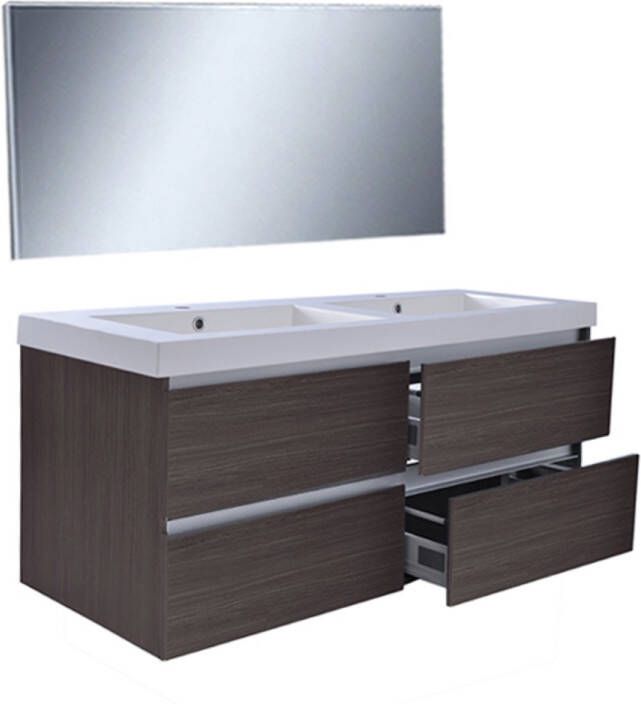 Wiesbaden Badkamermeubel Set Vision Hangend 120x50x47cm MDF Houtnerf Grijs Softclose Greeploos Kunstmarmeren Wastafel 2 Kraangaten Overloop met Spiegel - Foto 2