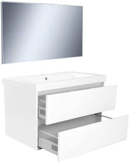 Wiesbaden Badkamermeubel Set Vision Hangend 80x50x47cm MDF Hoogglans Wit Softclose Greeploos Kunstmarmeren Wastafel 1 Kraangat Overloop met Spiegel