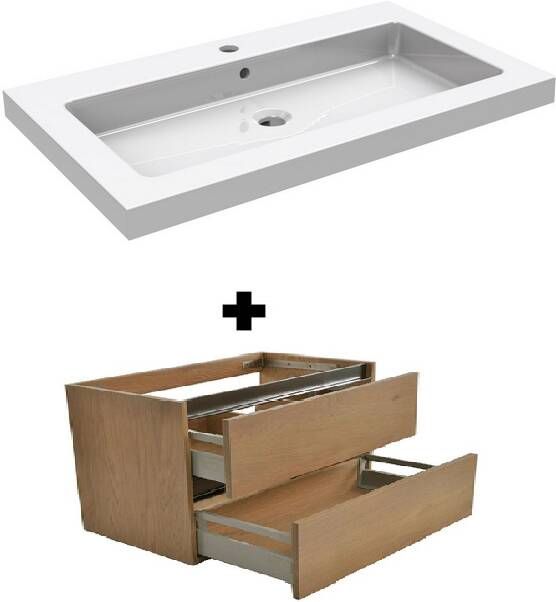 Wiesbaden Vison Oak badkamermeubel keramiek met kraangat 60x46cm eiken