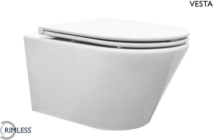 Wiesbaden Toiletpot Hangend Vesta Wandcloset Keramiek Wit Rimless Diepspoel met Flatline 2.0 Softclose & Quickrelease Toiletzitting