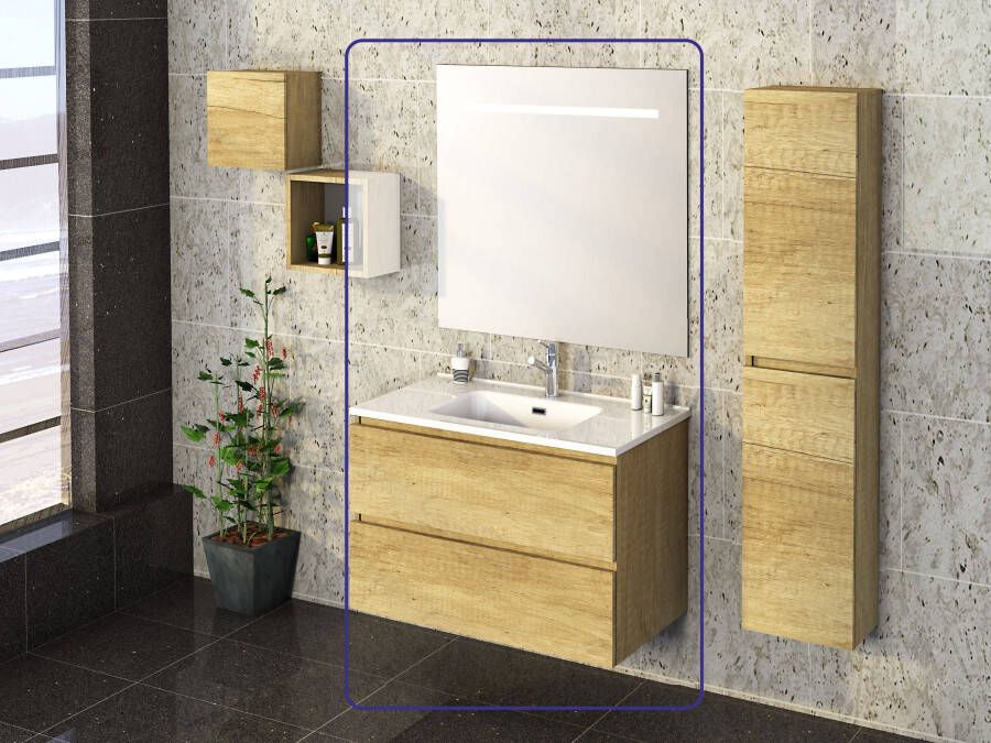 Xellanz Exellence Sephia badmeubelset met 2 softclose lades keramieke wastafel en spiegel 46 x 80 x 60 cm nature - Foto 3