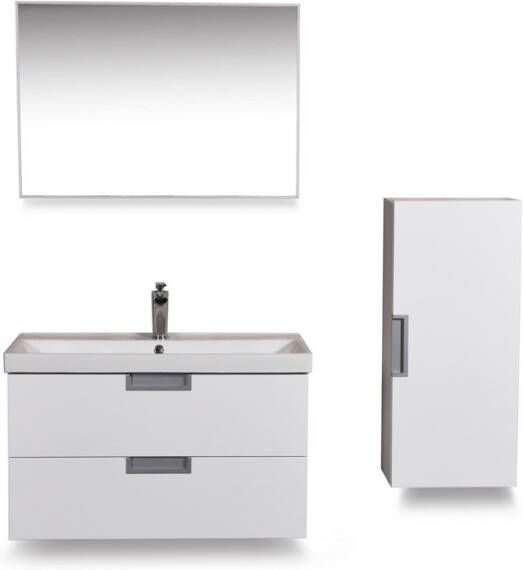 Xellanz Badkamermeubel Set Catherina Hangend 80x50x40cm MDF Hoogglans Wit Softclose Keramische Wastafel 1 Kraangat Overloop met Spiegel en Badkamerkast - Foto 6