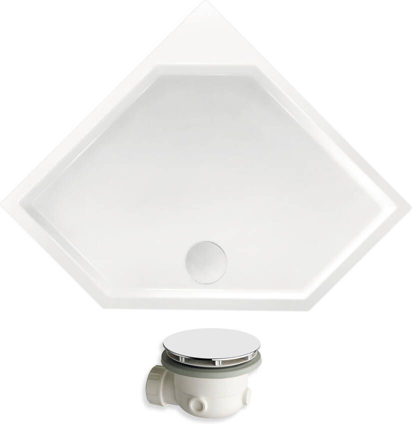 Xenz Douchebak Marshall | 100x100x4 cm | Incl.Afvoersifon-Chroom | Acryl | Vijfhoek | Wit glans - Foto 3