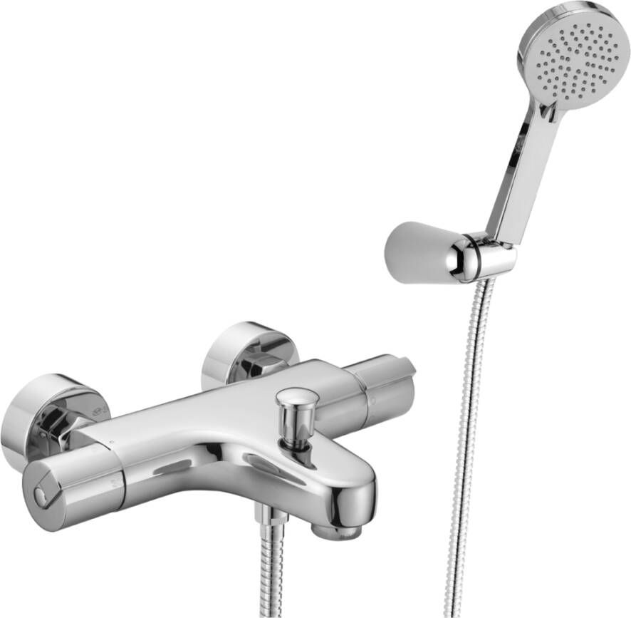 Xenz Badset Pure Omstel Rond Chroom Thermostaatkraan Handdouche Handdouchehouder met Onderuitloop