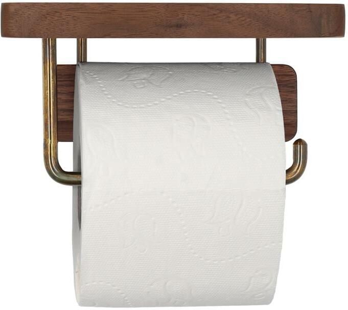 QUVIO Toiletrolhouder met plankje Hout en goud metaal