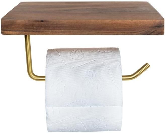 QUVIO Toiletrolhouder metaal met telefoon plank Donker hout + goud