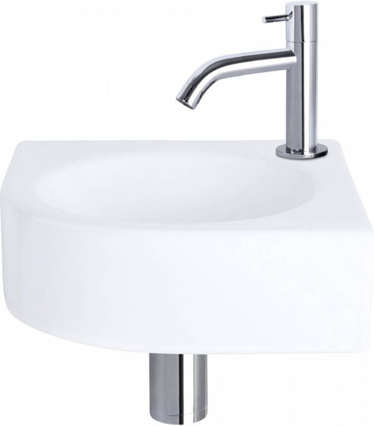 Differnz Cleo fonteinset 30x30x10cm Kwartrond 1 kraangat Gebogen chromen kraan Keramiek Wit 38.401.13