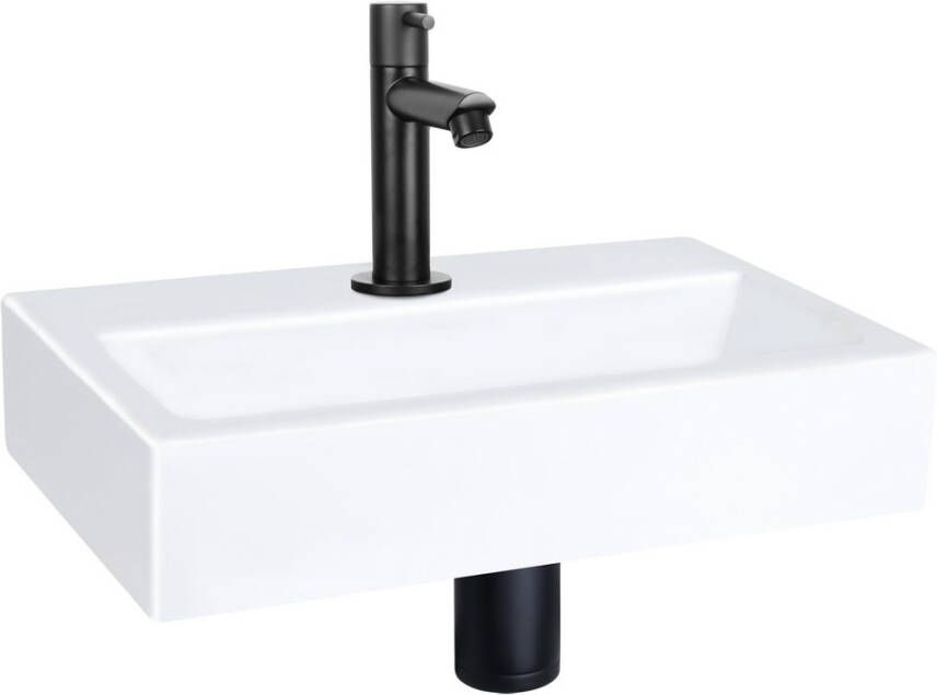 Differnz Flat fonteinset 38x24x8cm Rechthoek 1 kraangat Recht matte zwarte kraan Keramiek Wit 38.400.01