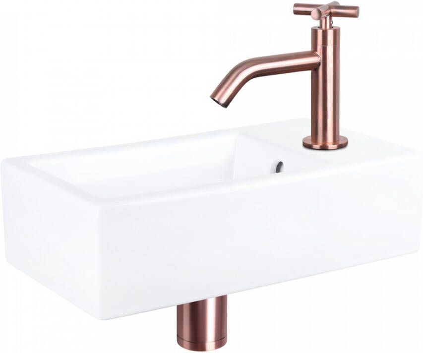 Differnz Force fonteinset 40x22x11.5cm Rechthoek 1 kraangat Gebogen rose koper kraan kruisgreep Keramiek Wit 38.400.57 - Foto 2