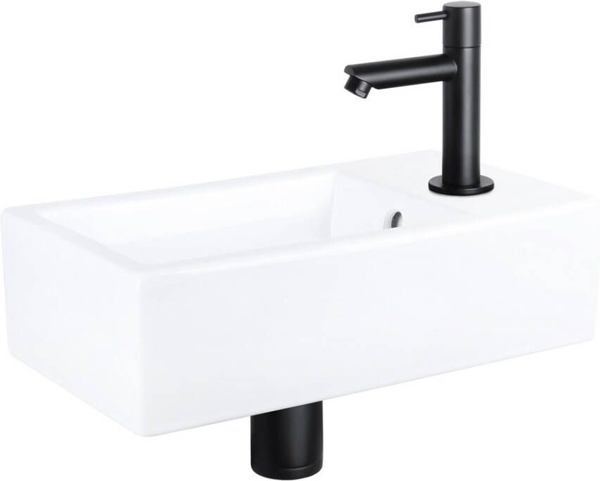 Differnz Force fonteinset 40x22x11.5cm Rechthoek 1 kraangat Recht matte zwarte kraan Keramiek Wit 38.400.49