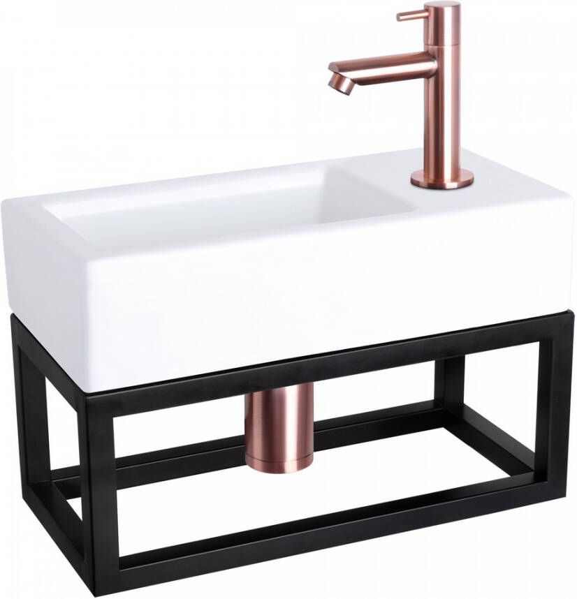 Differnz Ravo fonteinset 38.5x18.5x25cm Rechthoek 1 kraangat Recht koperen kraan met zwart frame Keramiek Wit 38.401.88