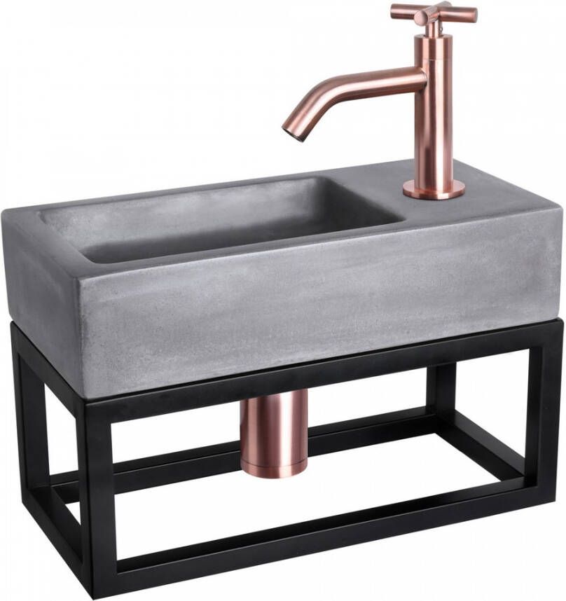 Differnz Ravo fonteinset 38.5x18.5x25cm Rechthoek 1 kraangat Gebogen rose koperen kraan met zwart frame kruisgreep beton lichtgrijs 38.402.01
