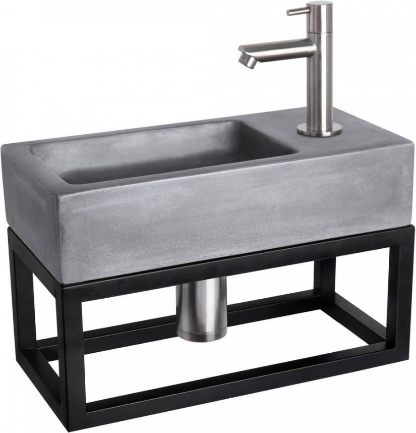 Differnz Ravo fonteinset 38.5x18.5x25cm Rechthoek 1 kraangat Recht matte chromen kraan met zwart frame beton donkergrijs 38.402.07