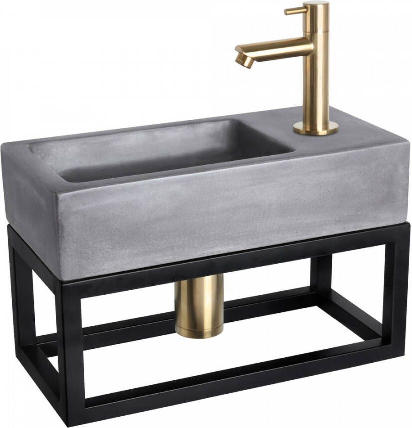 Differnz Ravo Fonteinset 38.5x18.5x24.5cm 1 kraangat recht mat gouden kraan met sifon en afvoerplug fontein Rechthoek Beton Donker grijs 38.402.15