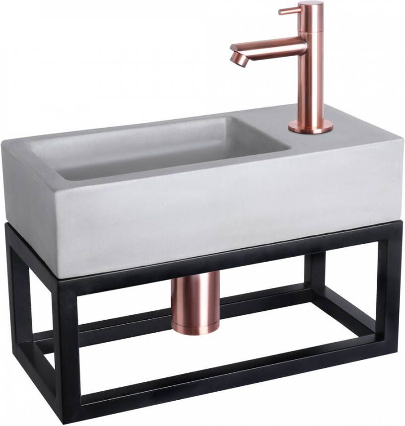 Differnz Ravo fonteinset 38.5x18.5x25cm Rechthoek 1 kraangat Recht rose koperen kraan met zwart frame beton lichtgrijs 38.402.00