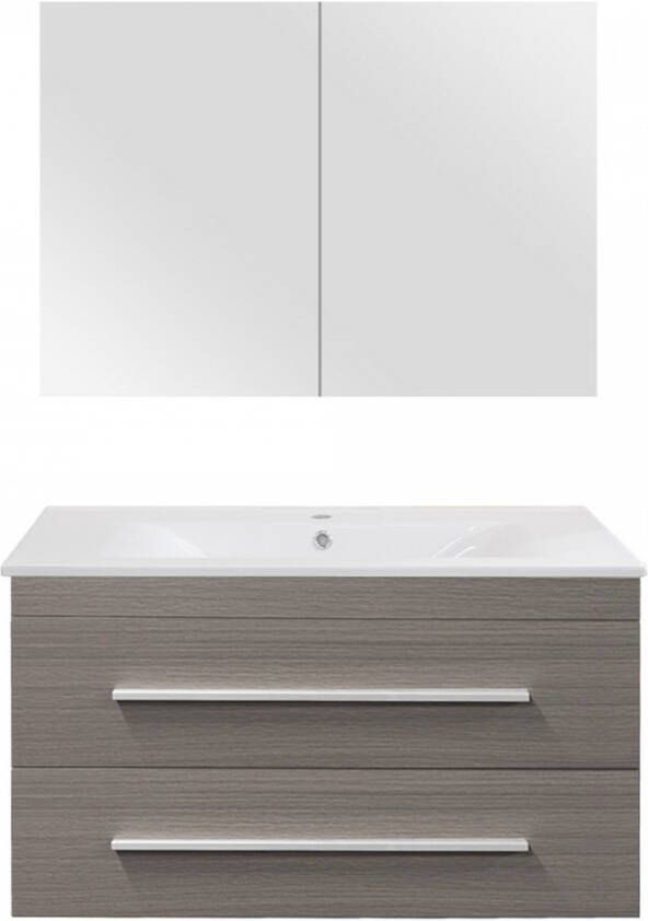 Differnz Style badkamermeubelset 90cm Keramiek wastafelblad met standaard greep met spiegelkast met 1 wasbak Grijs Eiken 36.701.36