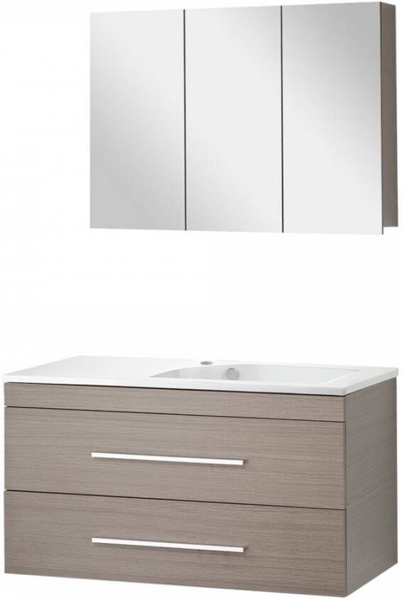 Differnz Style badkamermeubelset 100cm Keramiek wastafelblad met standaard greep met spiegelkast met 1 wasbak Grijs Eiken 36.704.17