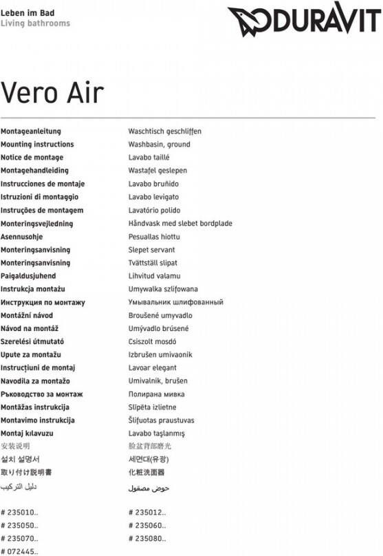 Duravit Vero Air wastafel geslepen met 2x1 kraangat zonder overloop met WonderGliss inclusief bevestiging 120 x 47 cm wit